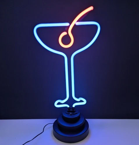 Vintage Neon Sign Sculpture Martini Glass Blue Red Bar Cocktail