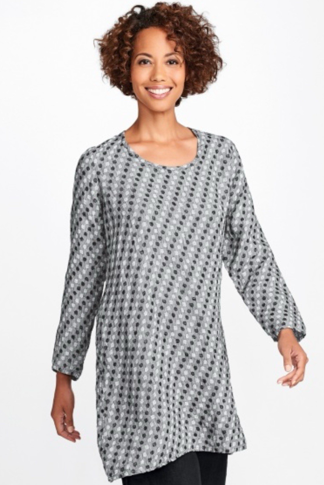 FLAX Women's Long Sleeve Linen Tunic Blouse Gray Black White Polka Dot Size M