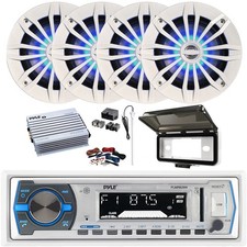 Pyle Bluetooth Marine Radio, Cover, Antenna,Amp w/Kit, 4x 6.5" LED White Speaker