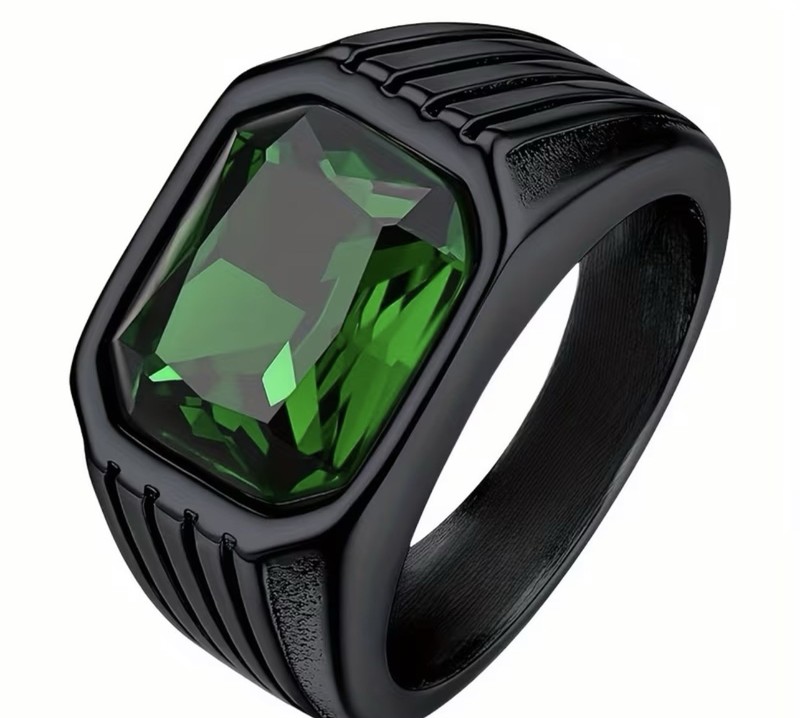 Men’s Wide Black Band with Ridges with Green Gemstone Size 10
