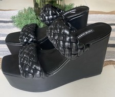 Nine West Nessi3 Light Black Squared Open Toe Slip On Braided Wedge Sandals 7.5