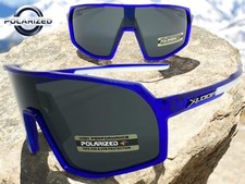 Sporty Biker Wrap Around Shield Fishing POLARIZED SUN GLASSES Large Blue Frame