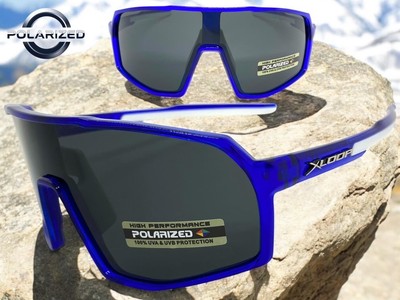 Sporty Biker Wrap Around Shield Fishing POLARIZED SUN GLASSES Large Blue Frame