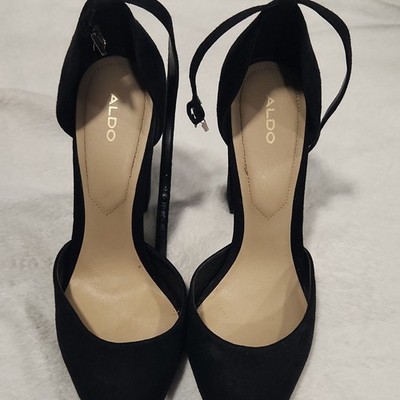 ALDO Black Suede Block Heel Pump Buckle Accent Ankle Strap Pointed Toe  US 9