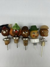 Lot of 5 Vintage Wood Face Wine Bottle Stoppers Teak Wood Hats