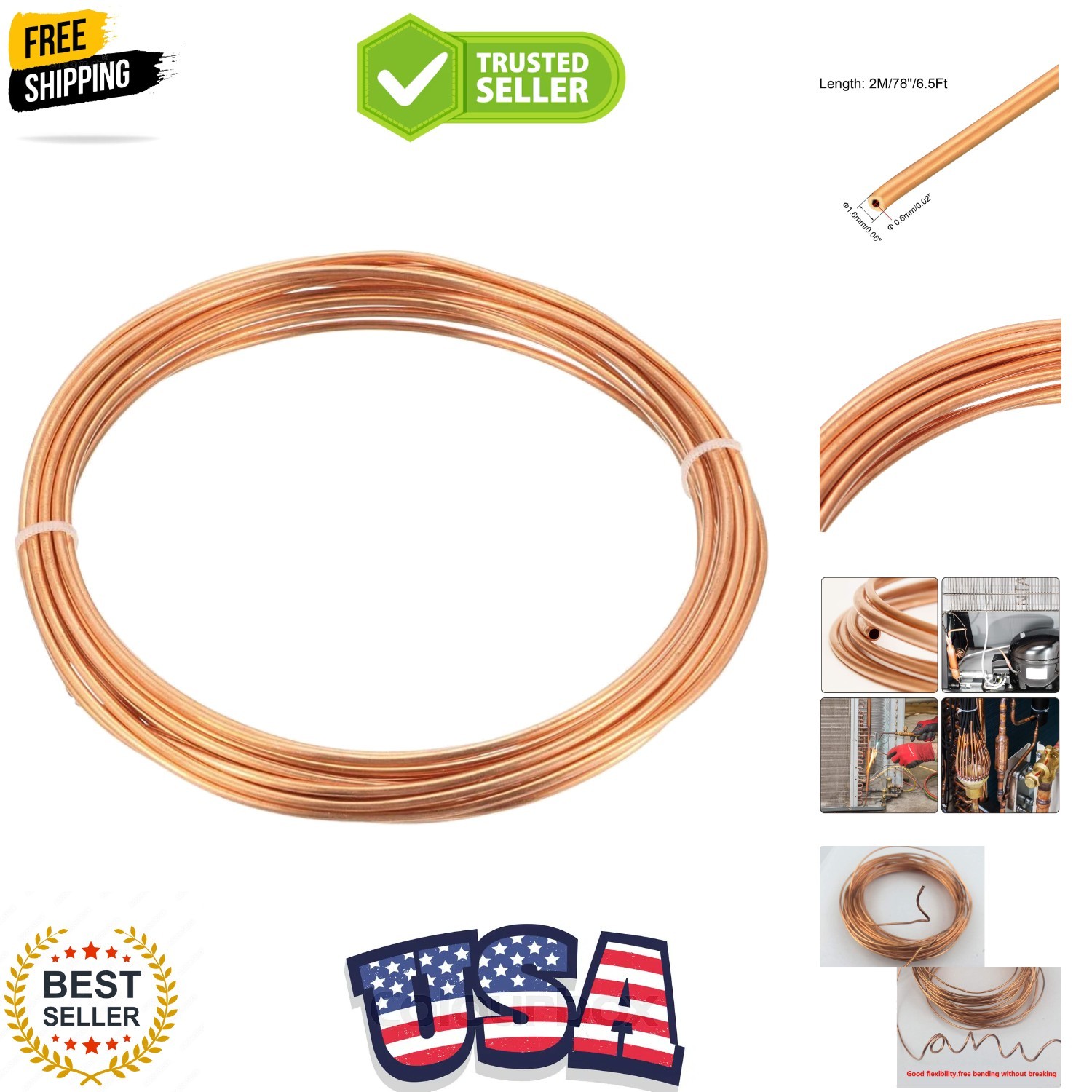 Refrigeration Tubing, 1/16" OD x 1/32" ID x 6.5 Ft Soft Coil Copper Tubing