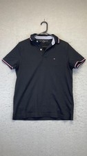 Tommy Hilfiger Polo Shirt Mens Small Black Tipped Collar Flag Logo Casual