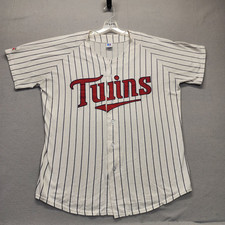 Vintage 90s Russell Athletic Pinstripe Baseball Jersey XL Made in USA White Navy
