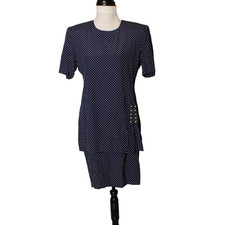 Vintage 80s 90s Union Made Navy Polka Dot Sheath Dress Michael Blair NY