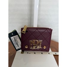 Badgley Mischka Plum Quilted Short Card Wallet Zip Coin Purse NWT Gold Logo