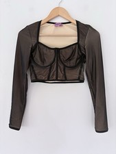 EDIKTED M Megan Corset Boning Crop LS Top Black Mesh Over Nude Underwire Accent