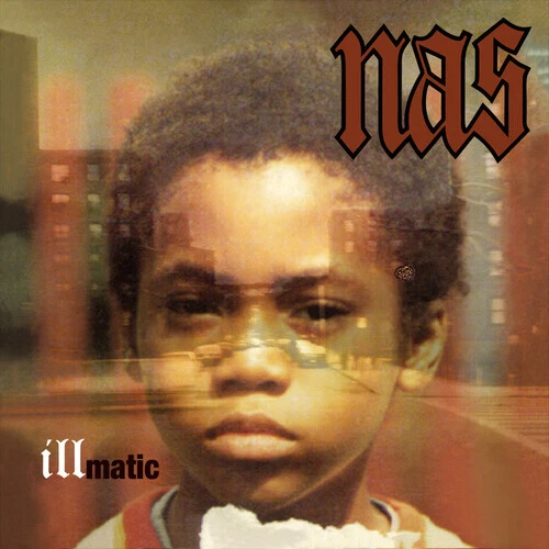 A photo showing Nas’ LP Illmatic with a picture of the rapper as a child on the cover and the LP laid underneath it