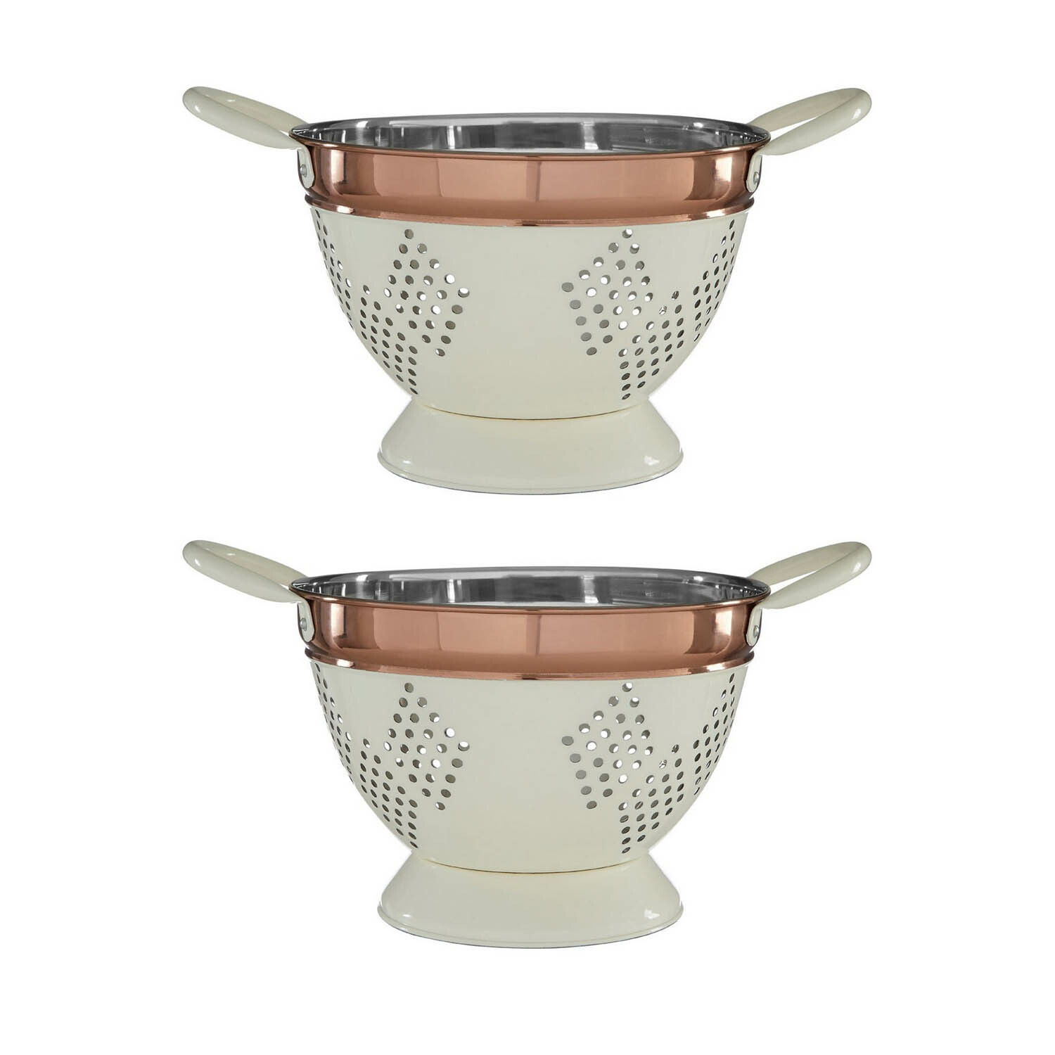 Set Of 2 Cream Copper Medium Drainer Strainer Fruits Pasta Round Bowl Colander