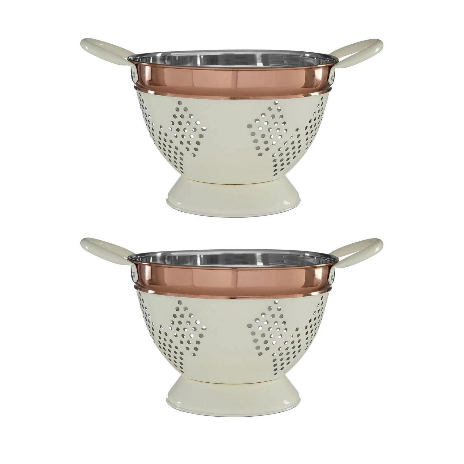 Set Of 2 Cream Copper Medium Drainer Strainer Fruits Pasta Round Bowl Colander