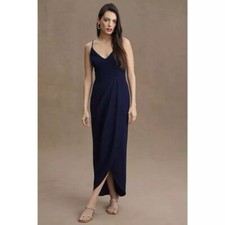 Anthropologie BHLDN Lyra V-neck Faux Wrap Stretch Crepe Navy Midi Dress Cocktail