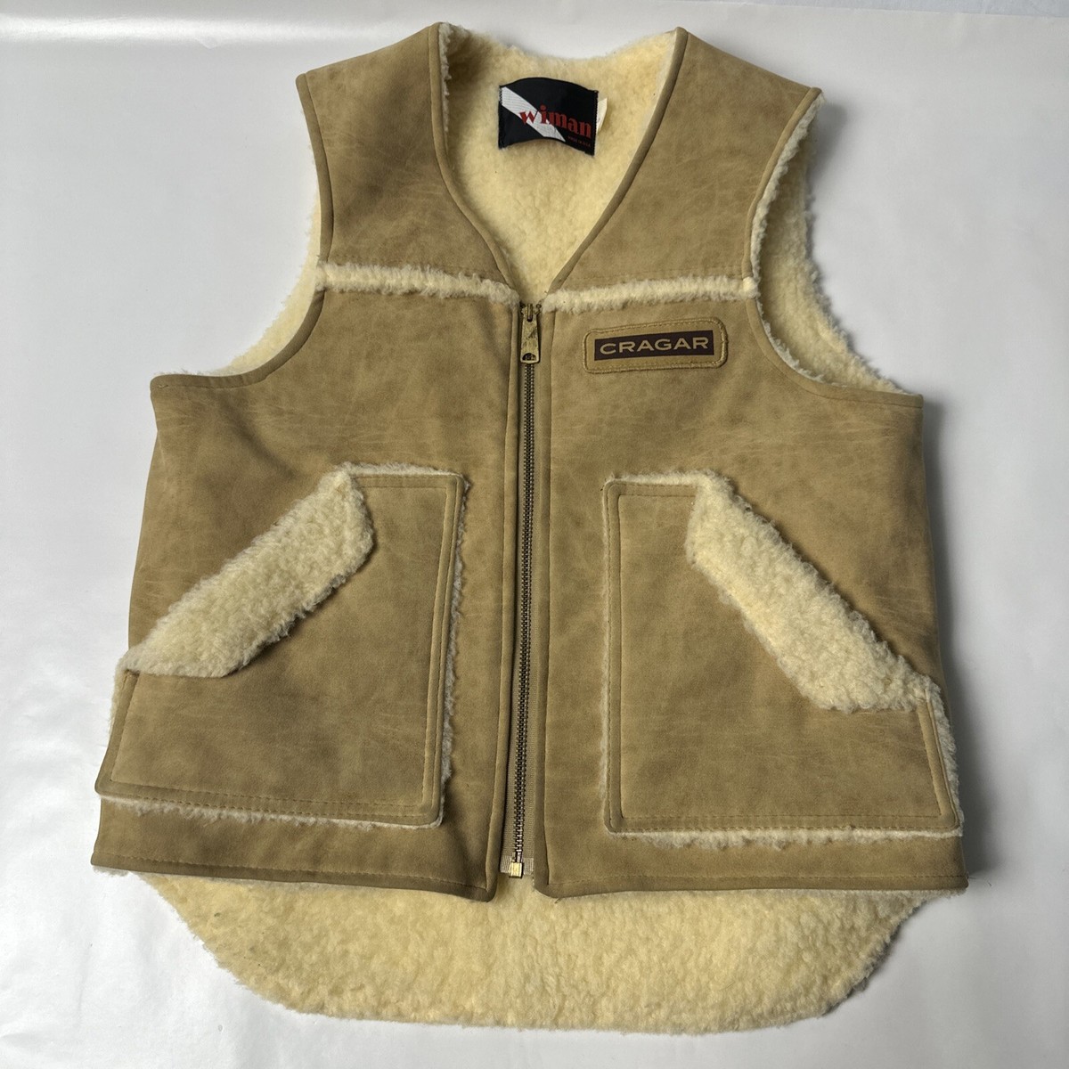 VTG Wiman Men's 70s Tan Sherpa Vinyl Suede Vest Sz S With Vintage