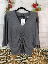 BOUTIQUE gray top Size SMALL V neck New  ruched tie up front angel slv