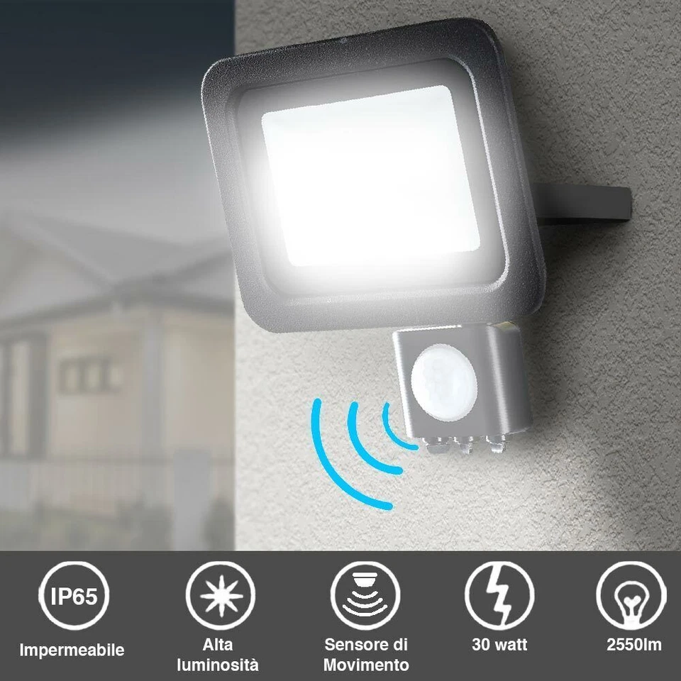 Faro LED 30W Luce Alta Luminosità 2550 lm Faretto esterno con Sensore Movimento - Immagine 2 di 4