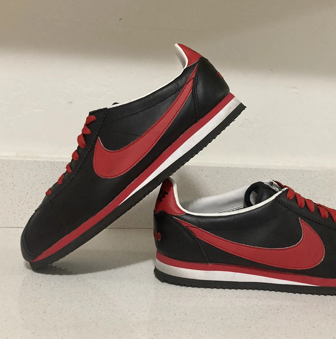 Nike Id Cortez Black/Fire Red Leather Athletic Shoes Men'S Size Us10.5  Preowned | Ebay