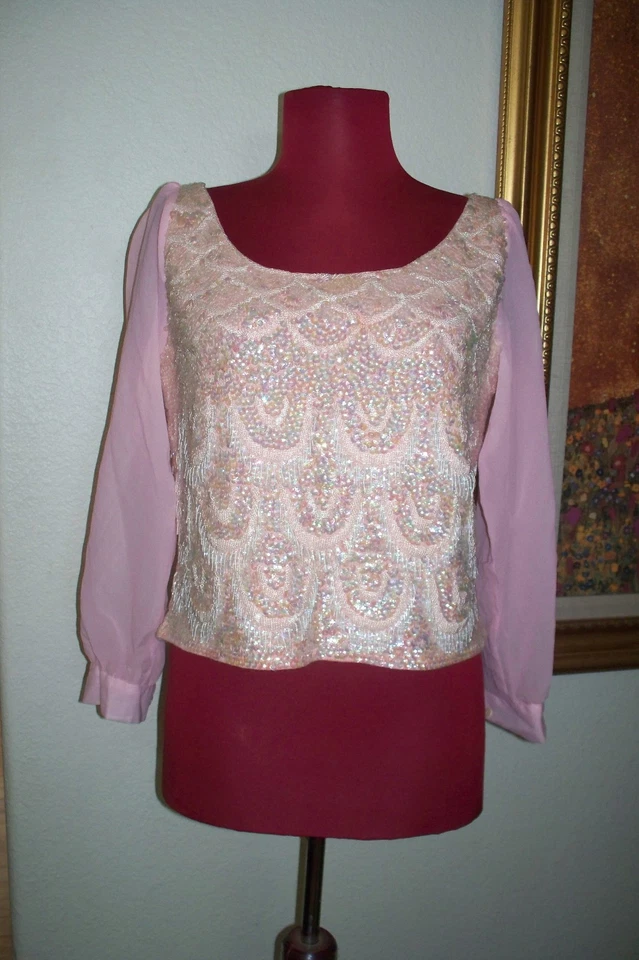 Blusa Top De Colección Años 50 Forecast AB Lentejuelas y Cuentas Rosa Movible Fiesta Talla 12 Foto 2 de 4