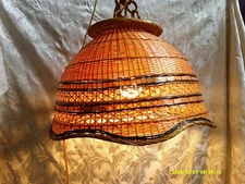 vintage woven basket style hanging lamp, 13 1/2" wide
