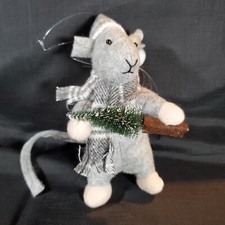 Christmas Felt Mouse Ornament w/Plaid Santa Hat and Snowy Tree 6 5/8"H
