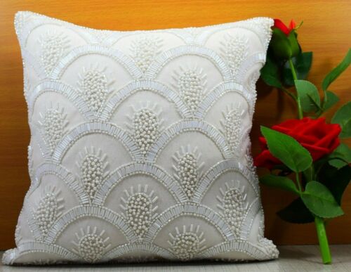 Copricuscino da lancio perline cotone bianco lusso cuscino contemporaneo fatto a mano - Foto 1 di 8