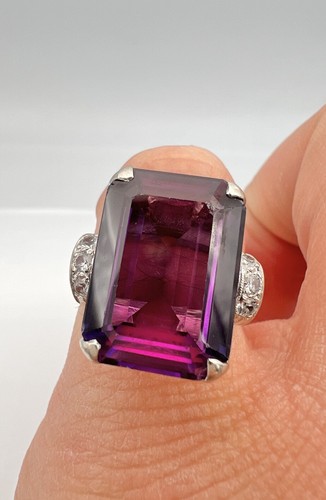 Antique 14k White Gold 18.72ct Lab Created Color Change Purple Sapphire Ring - Picture 2 of 8