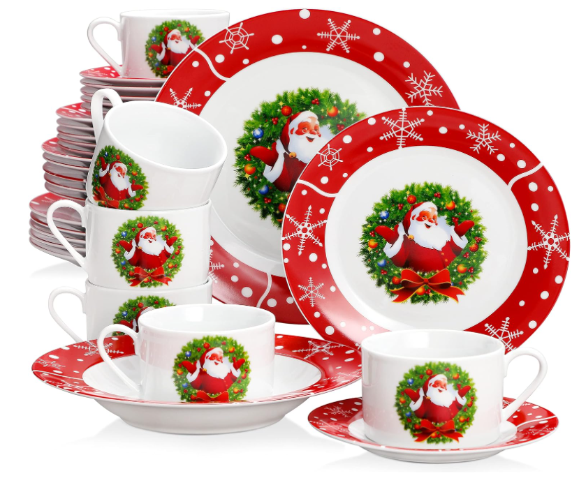 Christmas Dinnerware Set for 6 Porcelain Winter Holiday Red White