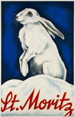 St. Moritz 1930 Winter Sports Rabbit Swiss Travel Giclee Canvas Print 20x31