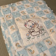 Vintage Handmade Cross Stitch Baby Crib Blanket Hand Tied Quilt Mother Goose Cat