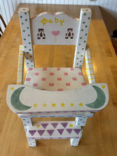 Vintage White Hand Painted Cottagecore Wooden Baby Doll Toy Kids Highchair Seat