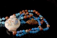 VINTAGE BLUE CHALCEDONY BEADS SANDSTONE AGATE WOOD CHINESE SCENE BEAD NECKLACE