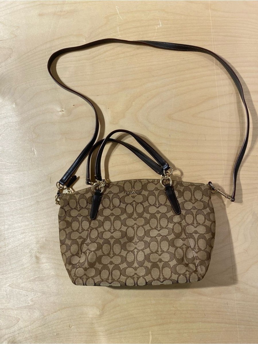 Coach Monogram Canvas Crossbody Satchel in Khaki and Dark Brown (SK)