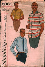 2081 Vintage Simplicity SEWING Pattern Mens Buttoned Front Shirt 1960s Medium M