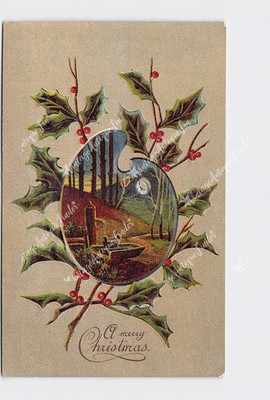 PPC Postcard Merry Christmas Holly Painters Palette Landscape Scene Embossed #1