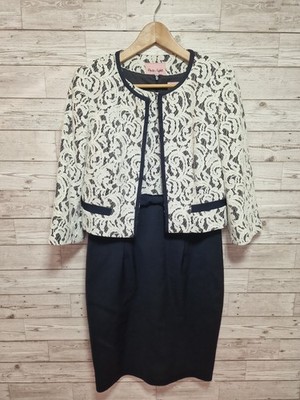 Phase Eight Damen Kleid Jacke Zweiteiliges Set Gr. 12 Marine Weiß Spitze Gefüttert Reißverschluss