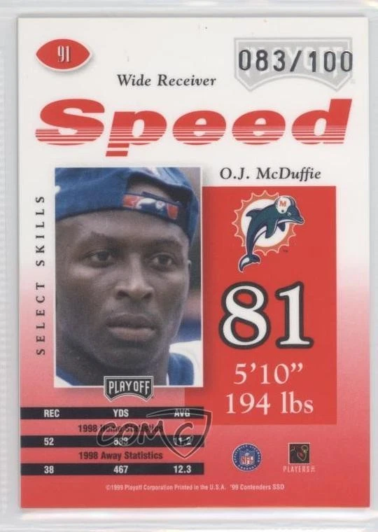 1999 Playoff Contenders SSD Speed Red /100 OJ McDuffie #91 - Image 2 of 2