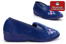 Womens Wedge Heel Slippers Girls Ladies Wedge Slippers Slip On Memory Foam Blue