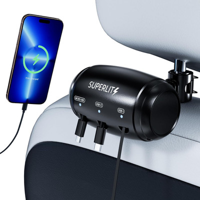 Superlit 3-In-1 Retractable Backseat Car Charger   Headrest Mount Charging Stati