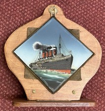 Antique RMS Mauretania, Cunard, Crystoleum Painted Glass Plaque Picture, Stand