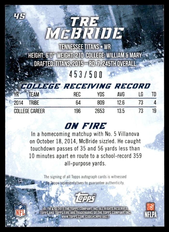 2015 Topps Fire Autographs Tre McBride Rookie Auto 453/500 Tennessee Titans #45 - Image 2 of 2