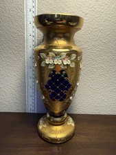 Bohemian glass Bohemian Enameled Blue Glass Vase with Moorish Gilt Decoration and Raised Floral Enamel