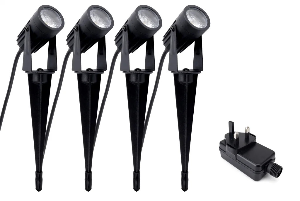 Outdoor Light Black LED Garden Spike Spotlight Set 4 Lights 3000K IP65 UK Plug
