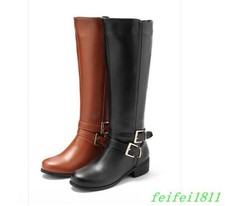 Women's Party Casual Riding Knee High Boots Buckle Zip Faux Leather Shoes Ladies