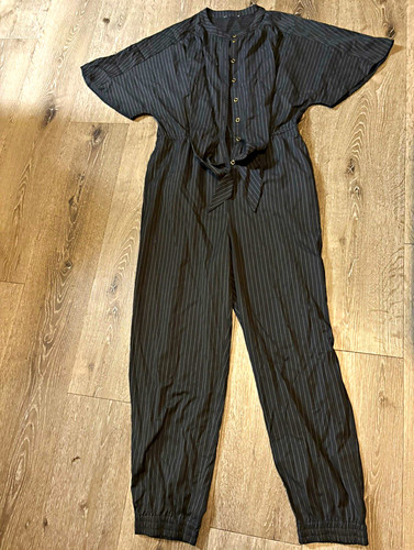 Women's Black/Gray Striped Button-Front V-Neck Short Sleeve Jumpsuit S