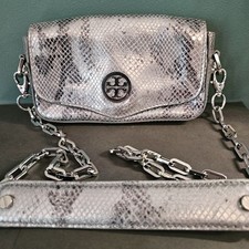 Tory Burch Faux Snakeskin Small Mini Crossbody Bag with Chain Strap Silver Black
