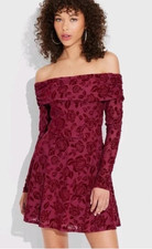 Women's Long Sleeve Flocked Mini Fit and Flare Dress Wild Fable Red Small New