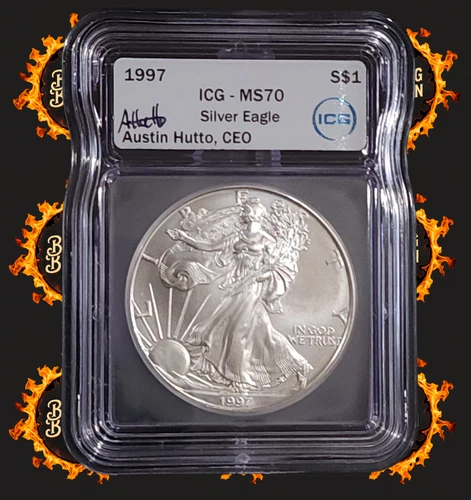 1997 American Eagle Silver Dollar ICG MS70 Austin Hutto Auto Label