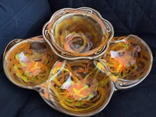 Vintage California Pottery Chip And Dip Set Orange Brown Drip Glaze 4 Bowls MCM
